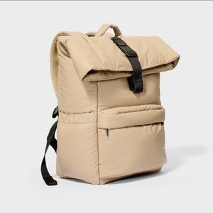NWT Beige Roll-Top Puffer Travel Backpack